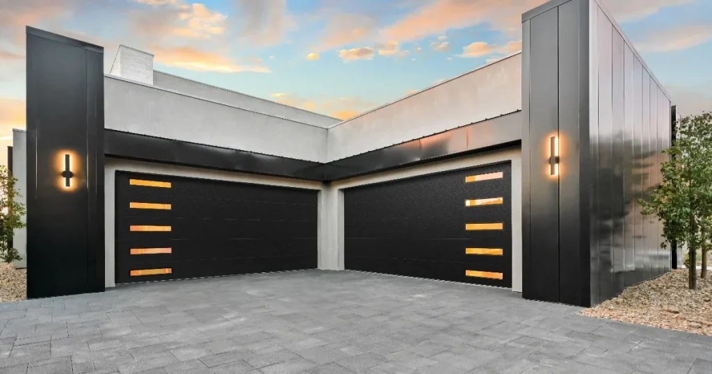 frosted window panels are seamlessly integrated into a sleek, angular contemporary home facade, perfectly embodying the Top Sustainable Garage Door Designs.