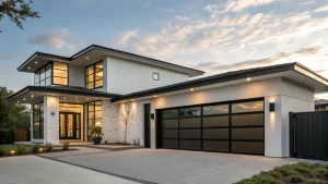 A luxurious modern two-story home with sleek exterior lighting and a wide, black-framed glass sectional garage door, beautifully demonstrating the dramatic curb appeal upgrade of replacing an aging garage door.
